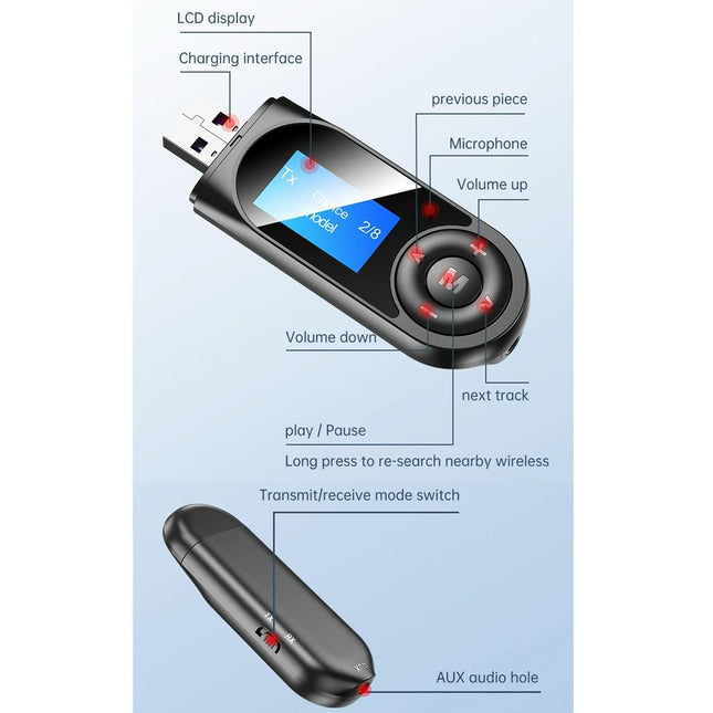 Lcd Bluetooth 5.0 Adapter Receiver / Transmitter - Black