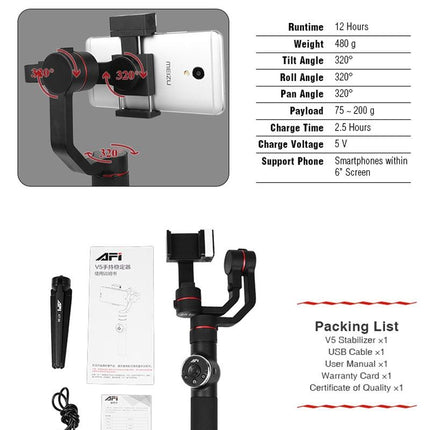 3-Axis Gimbal Stabilizer With Tripod Mount & Fill Light For Smartphones - Black