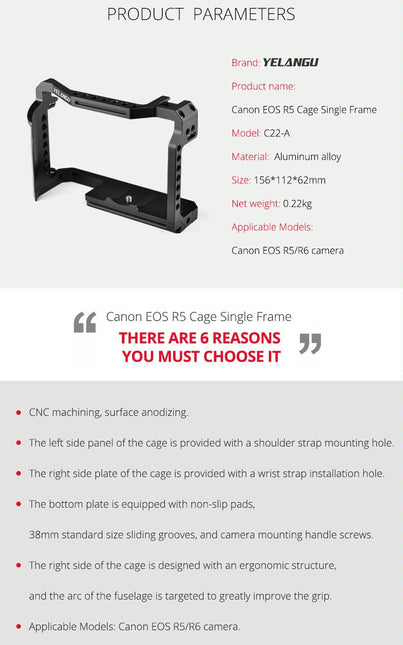 Video Camera Cage Stabilizer For Canon Eos R5 / R6 / R - Black