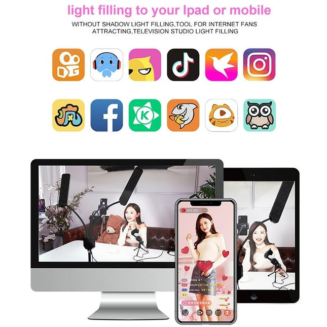Portable Double Arm Fill Light With Phone Clip - Adjustable Brightness Black