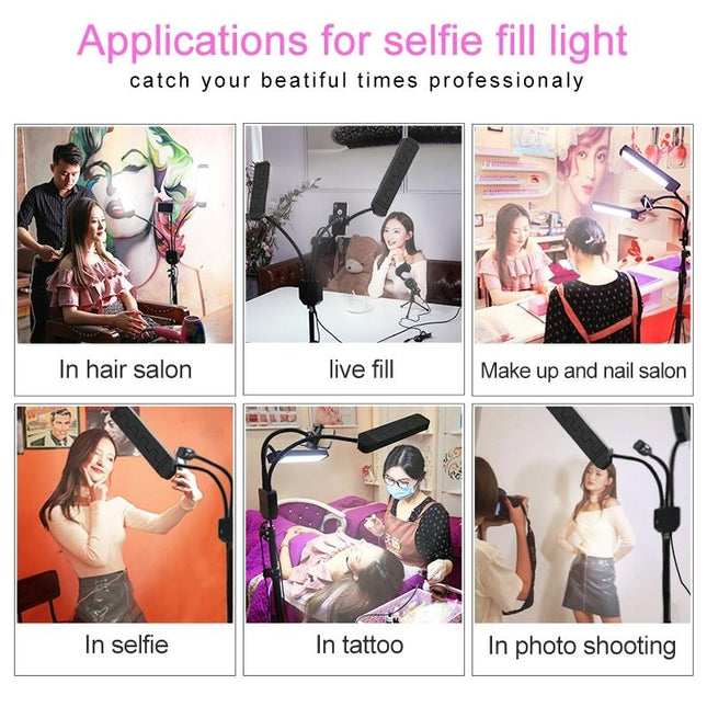 Portable Double Arm Fill Light With Phone Clip - Adjustable Brightness Black