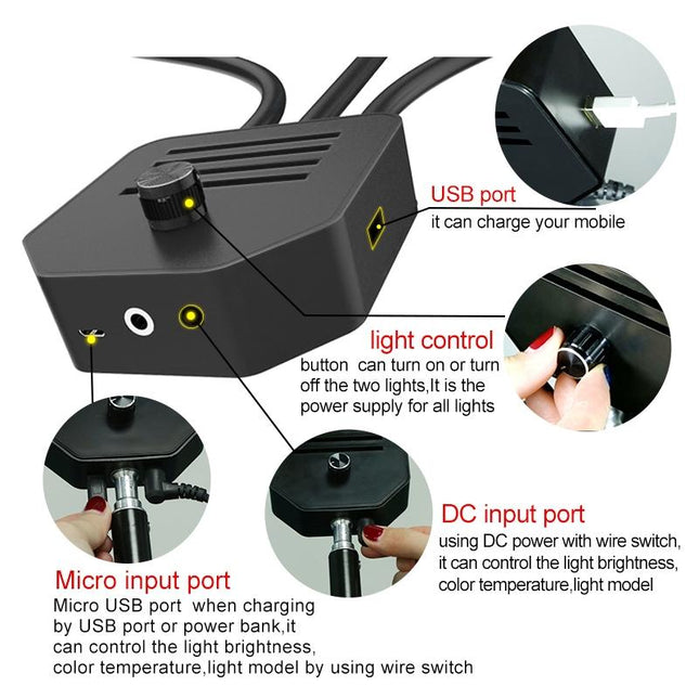 Portable Double Arm Fill Light With Phone Clip - Adjustable Brightness Black