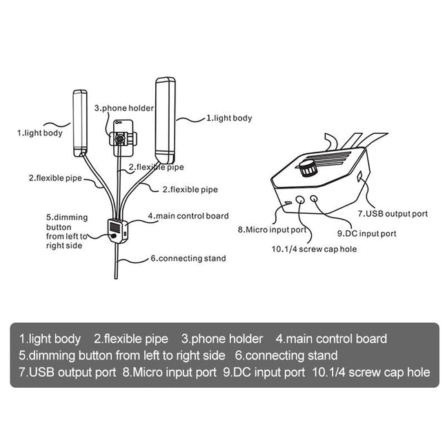 Portable Double Arm Fill Light With Phone Clip - Adjustable Brightness Black