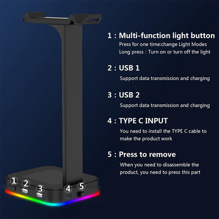 Rgb Gaming Headset Stand With Dual Usb - Black