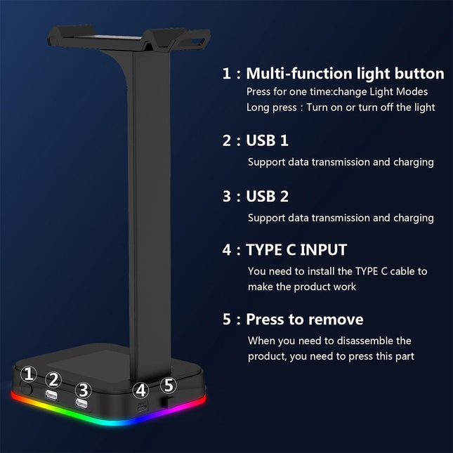 Rgb Gaming Headset Stand With Dual Usb - Black