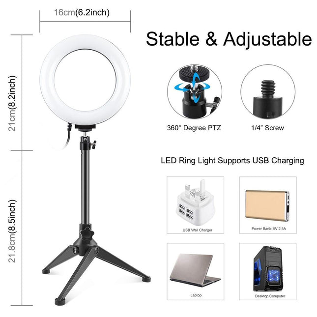 6.2 Led Ring Light With Usb 3 Modes Dimmable Desktop Tripod Cold Shoe Ball Head