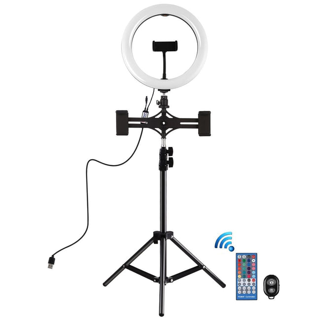 10.2 Curved Rgbw Led Ring Light Kit With Tripod Dual Phone Brackets Remote And Clamp
