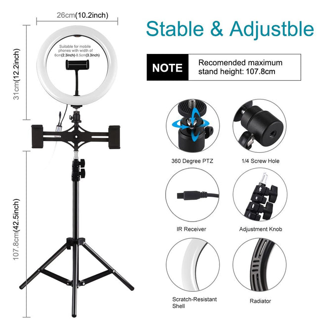 10.2 Curved Rgbw Led Ring Light Kit With Tripod Dual Phone Brackets Remote And Clamp