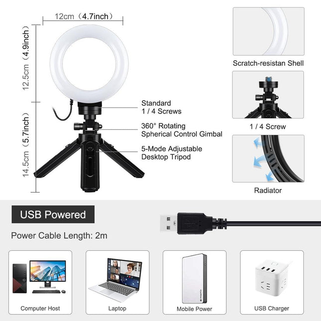 Usb 3 Modes Dimmable Led Ring Light & Pocket Tripod Kit With Cold Shoe Ball Head - 4.7 Inch Diameter