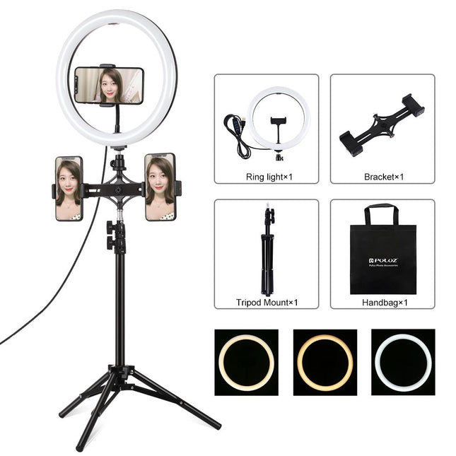 11.8 Led Ring Light With Tripod & Dual Phone Brackets - Usb 3 Modes Dual Colour Temperature - Vlogging & Live Broadcast Kit