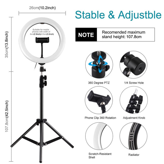 10.2 Ring Light With Tripod Usb 3 Modes Dual Colour Diffuse Light Phone Clamp with Remote - Black