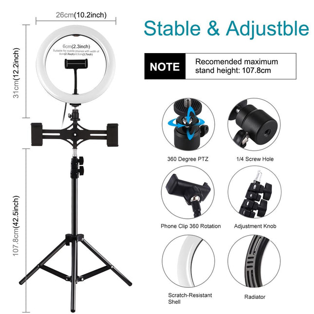 10.2 Led Ring Light With Tripod & Dual Phone Brackets - Usb Dimmable Dual Colour Temperature Selfie Remote - Black