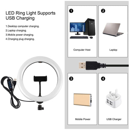 10.2 Led Ring Light With Tripod & Dual Phone Brackets - Usb Dimmable Dual Colour Temperature Selfie Remote - Black