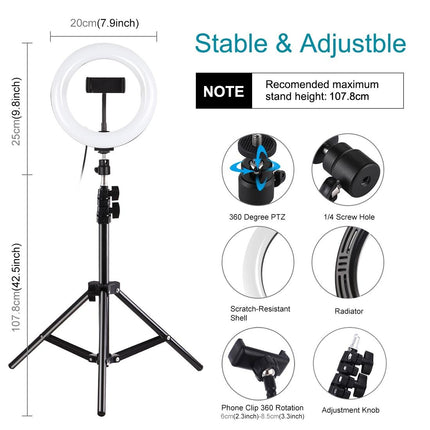 7.9 Led Ring Light With Tripod And Phone Clamp - 3 Modes Dual Colour Temperature Dimmable - Black