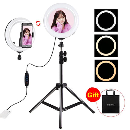 7.9 Mirror Light With Tripod & Usb 3 Modes Dual Colour Curved Ring Light For Vlogging Selfie Photography Video Phone Clamp - Black