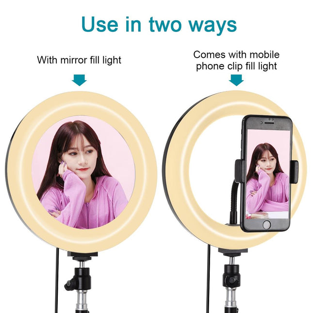 7.9 Mirror Light With Tripod & Usb 3 Modes Dual Colour Curved Ring Light For Vlogging Selfie Photography Video Phone Clamp - Black