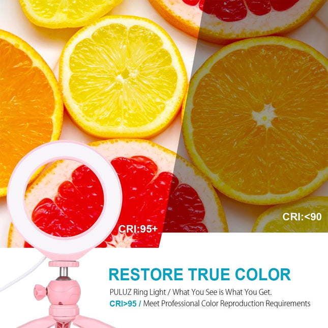 6.2 Led Ring Light With Usb 3 Modes Dimmable Cold Shoe Tripod Mount - Pink