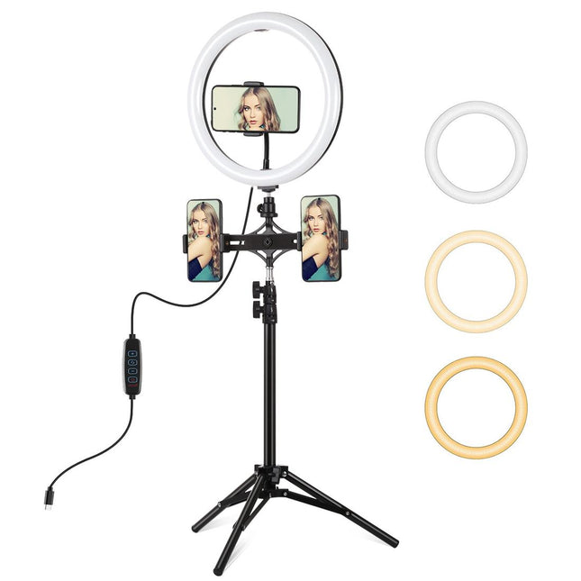 11.8 Led Ring Light Kit With Tripod & Dual Phone Brackets - 3 Modes Dual Colour Temperature Curved Surface Type-C - Black