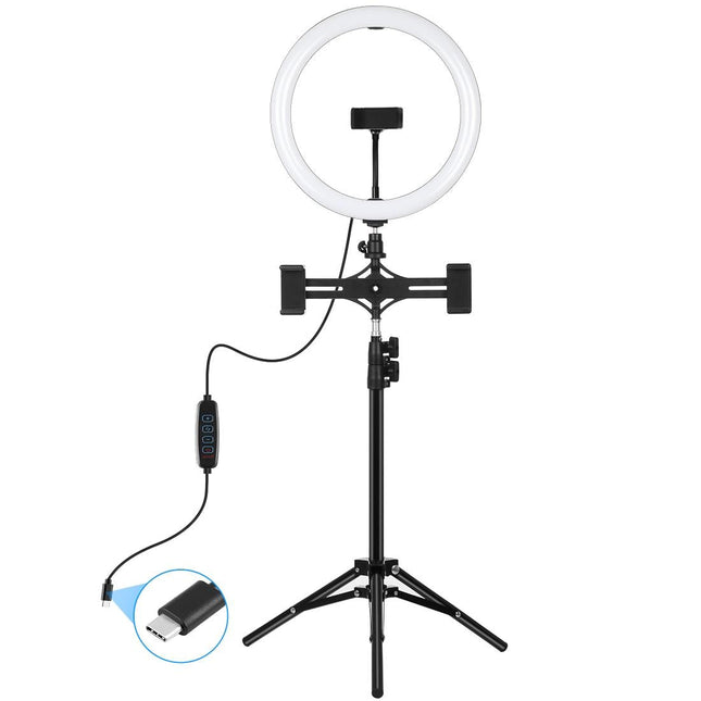 11.8 Led Ring Light Kit With Tripod & Dual Phone Brackets - 3 Modes Dual Colour Temperature Curved Surface Type-C - Black
