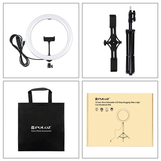 11.8 Led Ring Light Kit With Tripod & Dual Phone Brackets - 3 Modes Dual Colour Temperature Curved Surface Type-C - Black