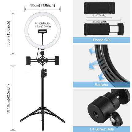 11.8 Led Ring Light Kit With Tripod & Dual Phone Brackets - 3 Modes Dual Colour Temperature Curved Surface Type-C - Black