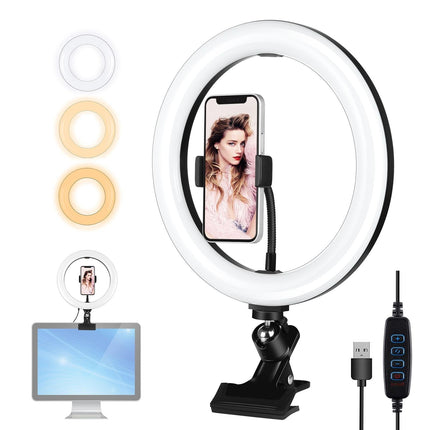 10.2 Ring Light With Monitor Clip & Usb 3 Modes Dual Colour Temperature Dimmable Curved Diffuse Vlogging Selfie Beauty Photography Video Lights Phone Clamp - Black