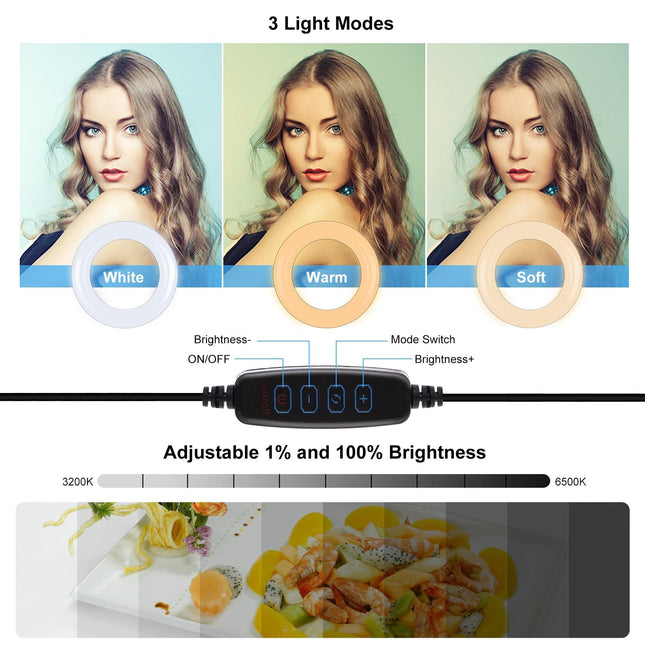 10.2 Ring Light With Monitor Clip & Usb 3 Modes Dual Colour Temperature Dimmable Curved Diffuse Vlogging Selfie Beauty Photography Video Lights Phone Clamp - Black