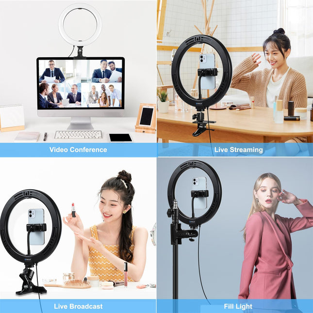 10.2 Ring Light With Monitor Clip & Usb 3 Modes Dual Colour Temperature Dimmable Curved Diffuse Vlogging Selfie Beauty Photography Video Lights Phone Clamp - Black