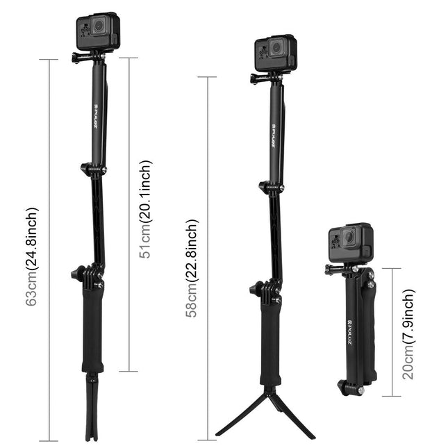 Foldable 3-Way Tripod Selfie Stick For Action Cameras - 20-58Cm Length