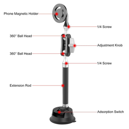 Magnetic Car Mount With Suction Cup Arm And Phone Clamp