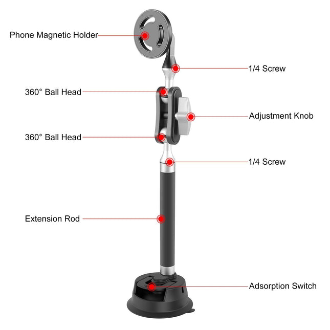 Magnetic Car Mount With Suction Cup Arm And Phone Clamp