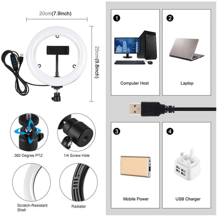 7.9 Usb 3 Modes Dimmable Dual Colour Led Ring Light With Mirror For Vlogging And Photography - Black