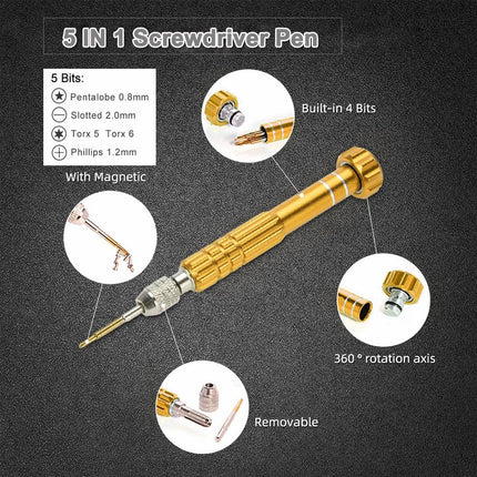 5-In-1 Gold Series Screwdriver Set - T5 T6 1.2 1.5 0.8 Sizes