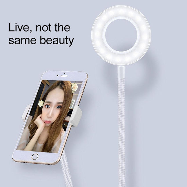 Universal Cell Phone Holder With Selfie Ring Light Microphone Clip & 3-Colour Light Adjustment For Studio Recording Live Broadcast Ktv White
