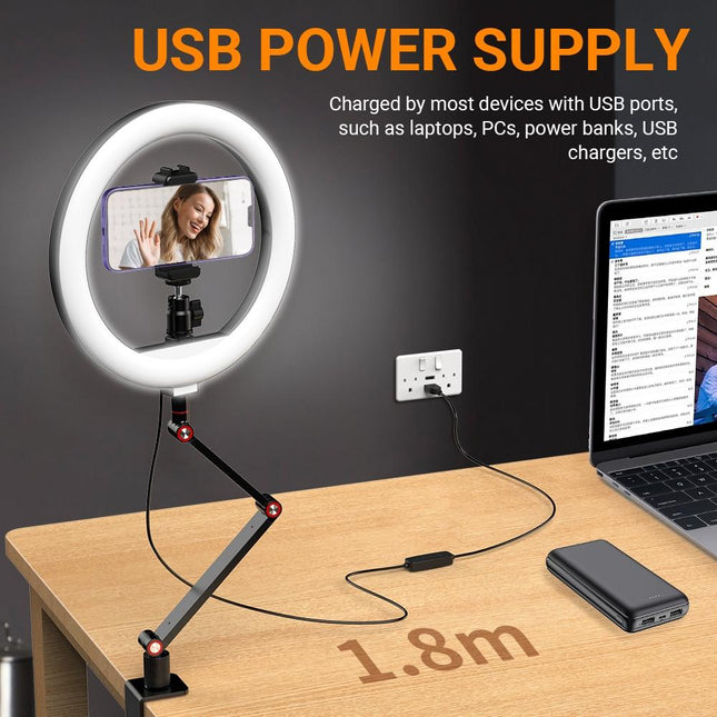 Foldable 10 Led Ring Light With Swing Arm Stand & Phone Holder