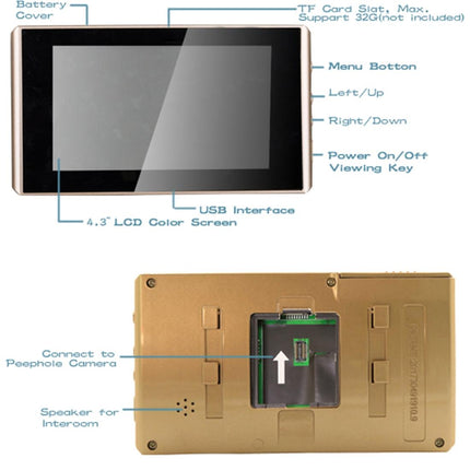 4.3 Digital Doorbell With Lcd Screen And Peephole Viewer - Gold