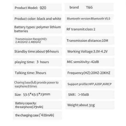Clear Hi-Fi Sound T & G Tg920 Tws Touch Control Wireless Earbud 5.0