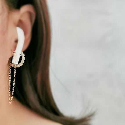 3-Piece Bluetooth Headset With Anti-Lost C-Type Earring Chain - Silver Pearl