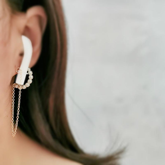 3-Piece Bluetooth Headset With Anti-Lost C-Type Earring Chain - Silver Pearl