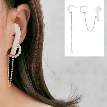 3-Piece Bluetooth Headset With Anti-Lost C-Type Earring Chain - Silver Pearl