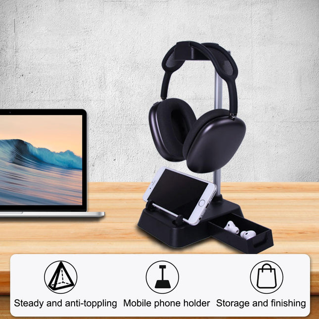 Max Hifylux Headphone Stand With Mobile Phone Holder And Storage Box - Black